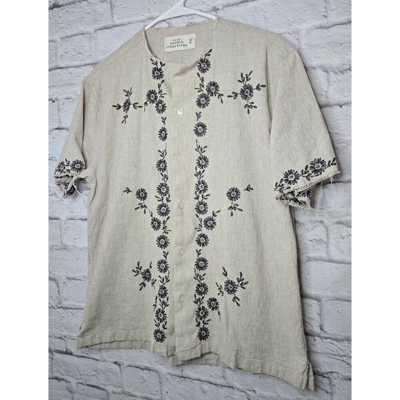 Abercrombie linen camp embroidered short sleeve button down shirt men's resort. - Picture 2 of 7